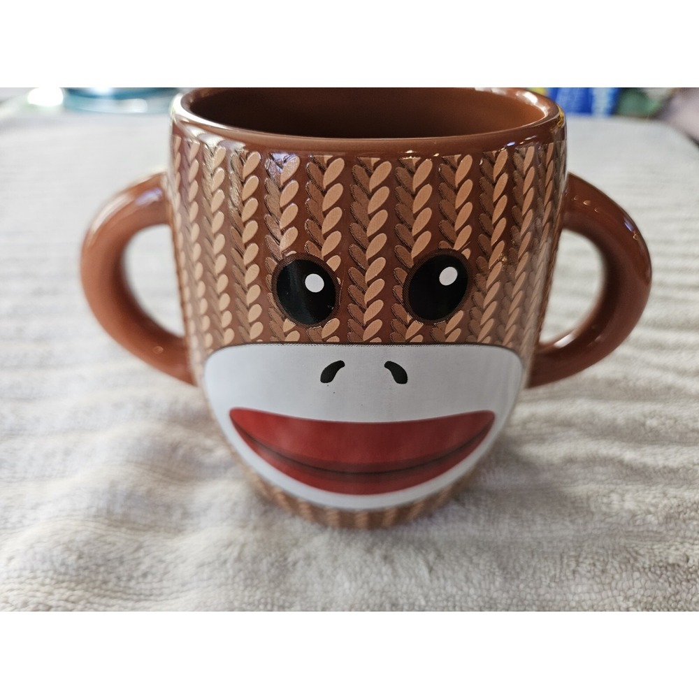 Galerie Sock Monkey Coffee Cup/Mug Brown‎ White Double Handle  Ceramic New